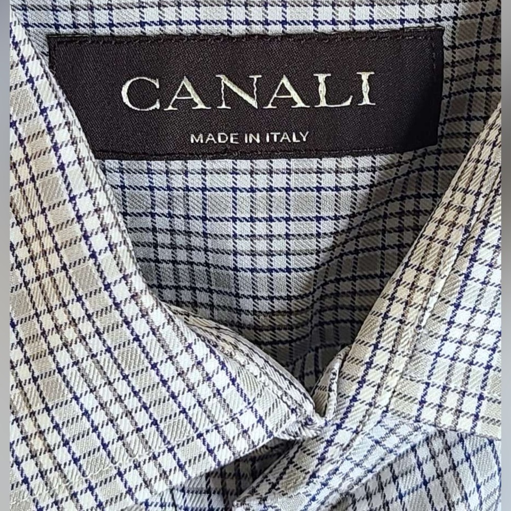 Canali Men's White, Taupe and Blue Plaid Dress Shirt 👔
